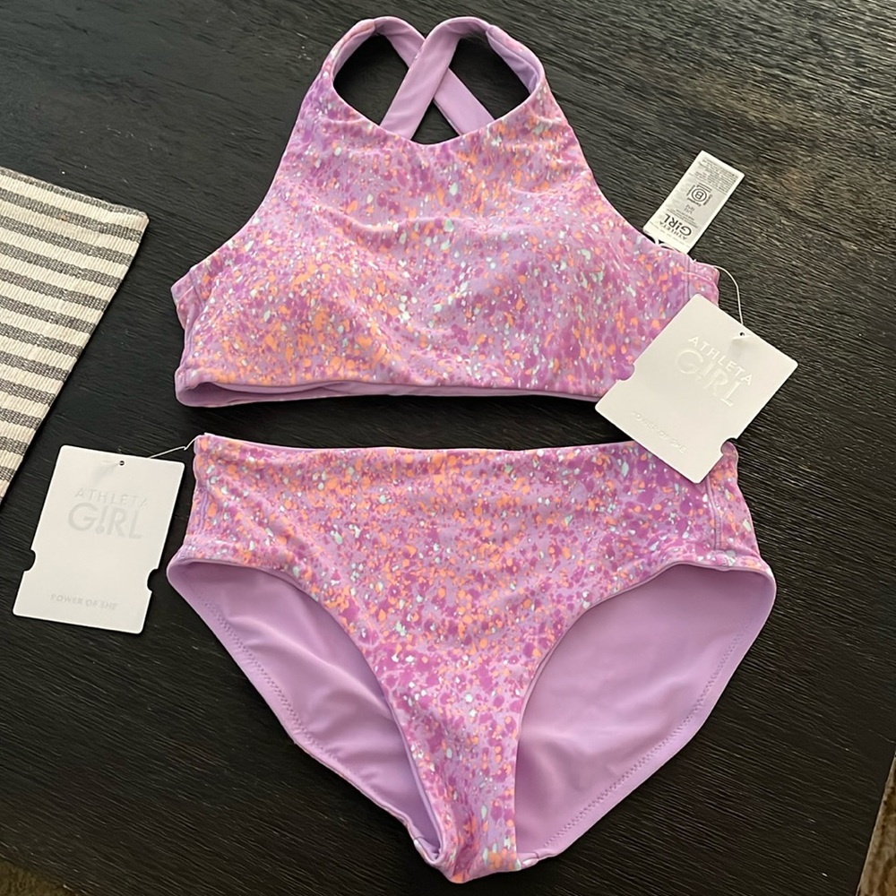 Girls Athleta 2 piece bathing suit. Reversible. Size 12 brand new with tags